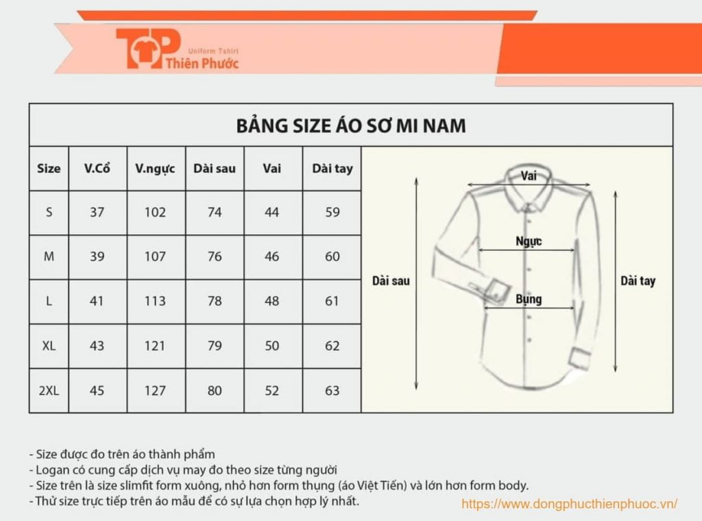 bảng chọn size áo sơ mi nam theo số đo