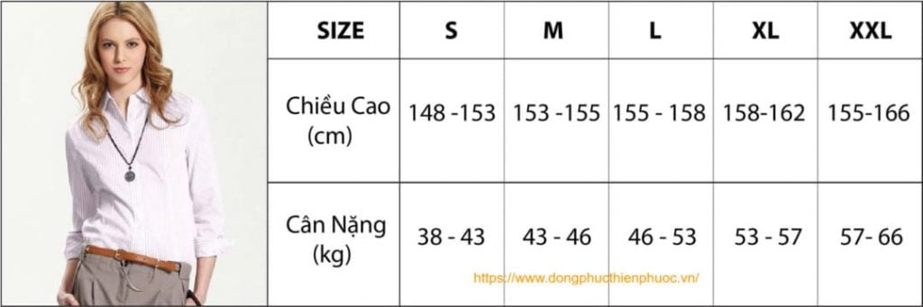 bảng size áo sơ mi nữ theo chiều cao và cân nặng