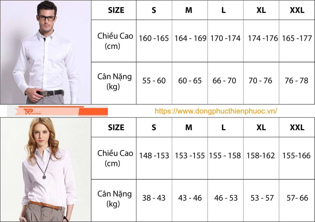 bảng chọn size áo sơ mi theo chiều cao và câ nặng