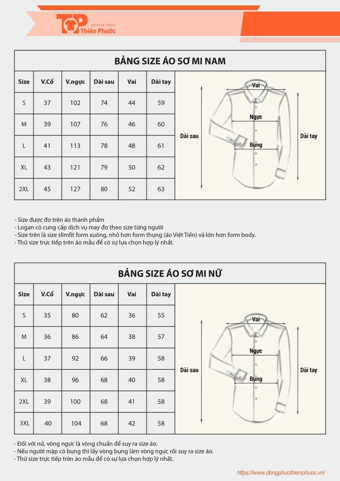 bảng size áo sơ mi theo số đo 3 vòng