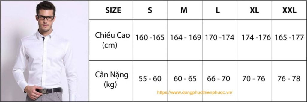 bảng chọn size áo somi nam theo chiều cao và cân nặng