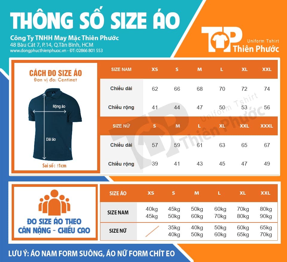 bảng size áo thun theo giới tính nam và nữ